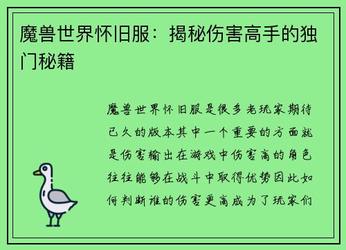 魔兽世界怀旧服：揭秘伤害高手的独门秘籍
