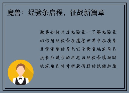 魔兽：经验条启程，征战新篇章